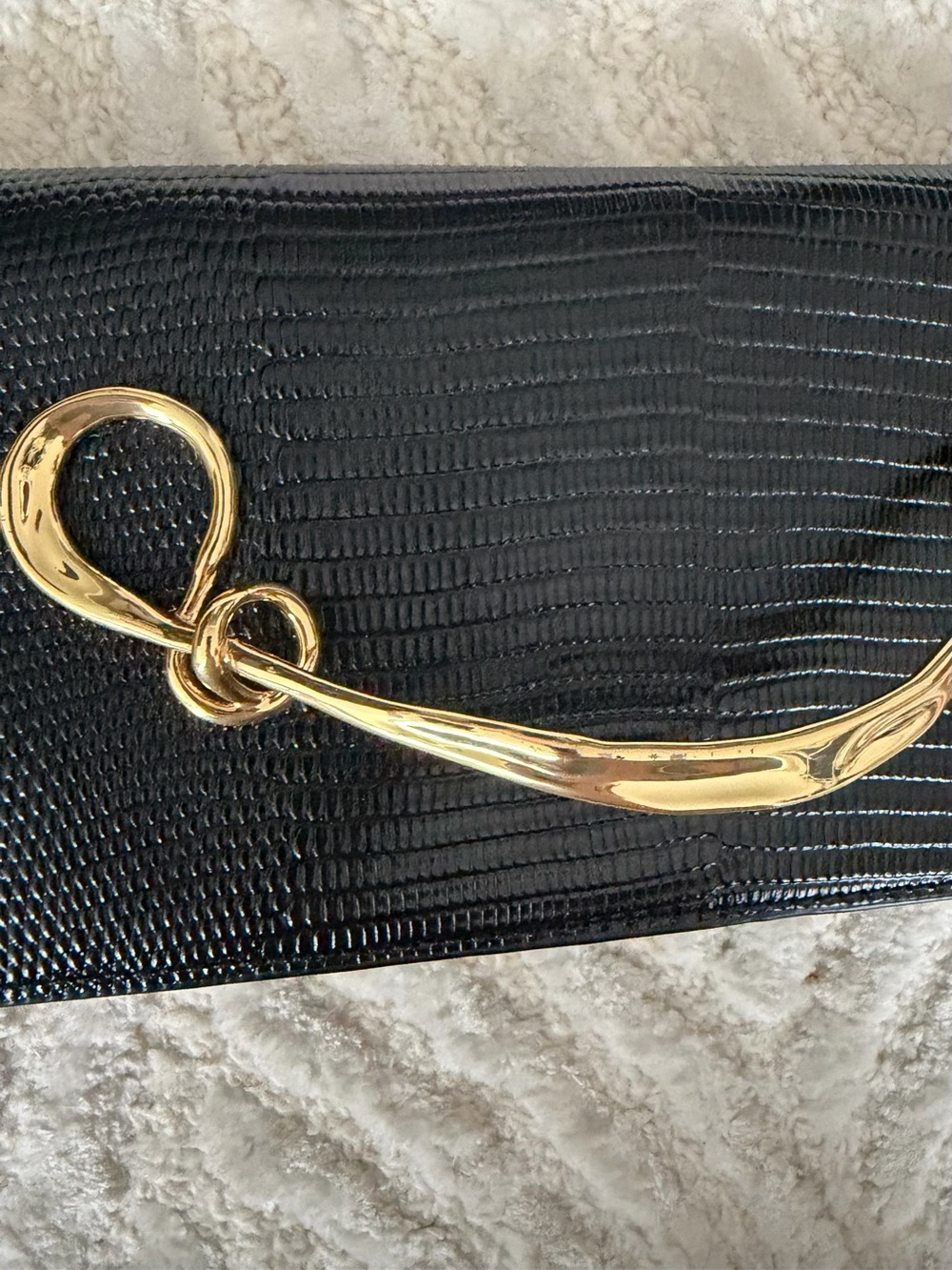 NWT Alexis Bittar Clutch | Black Lizard-Embossed Purse with Gold Metal Twist - Picture 12 of 17